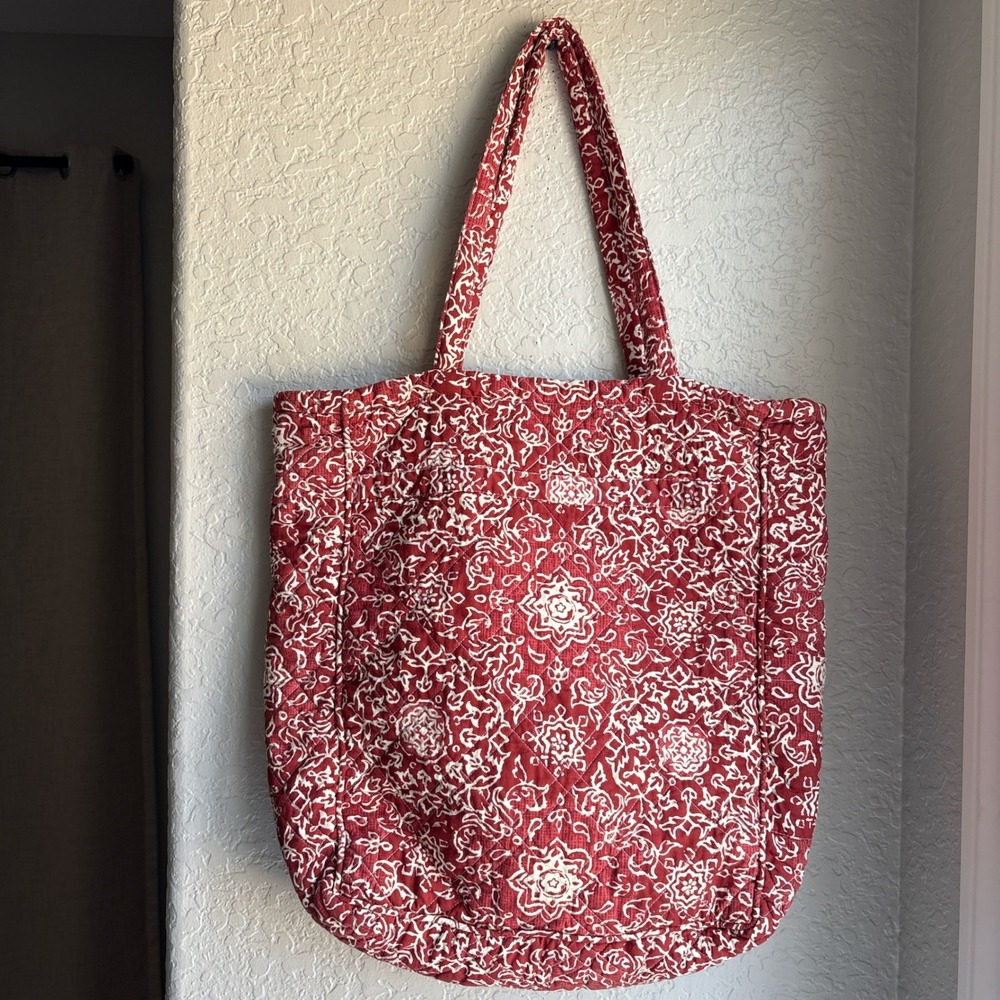 Quilted Reversible Tote Bag Large Red White Medallion Paisley Book Beach